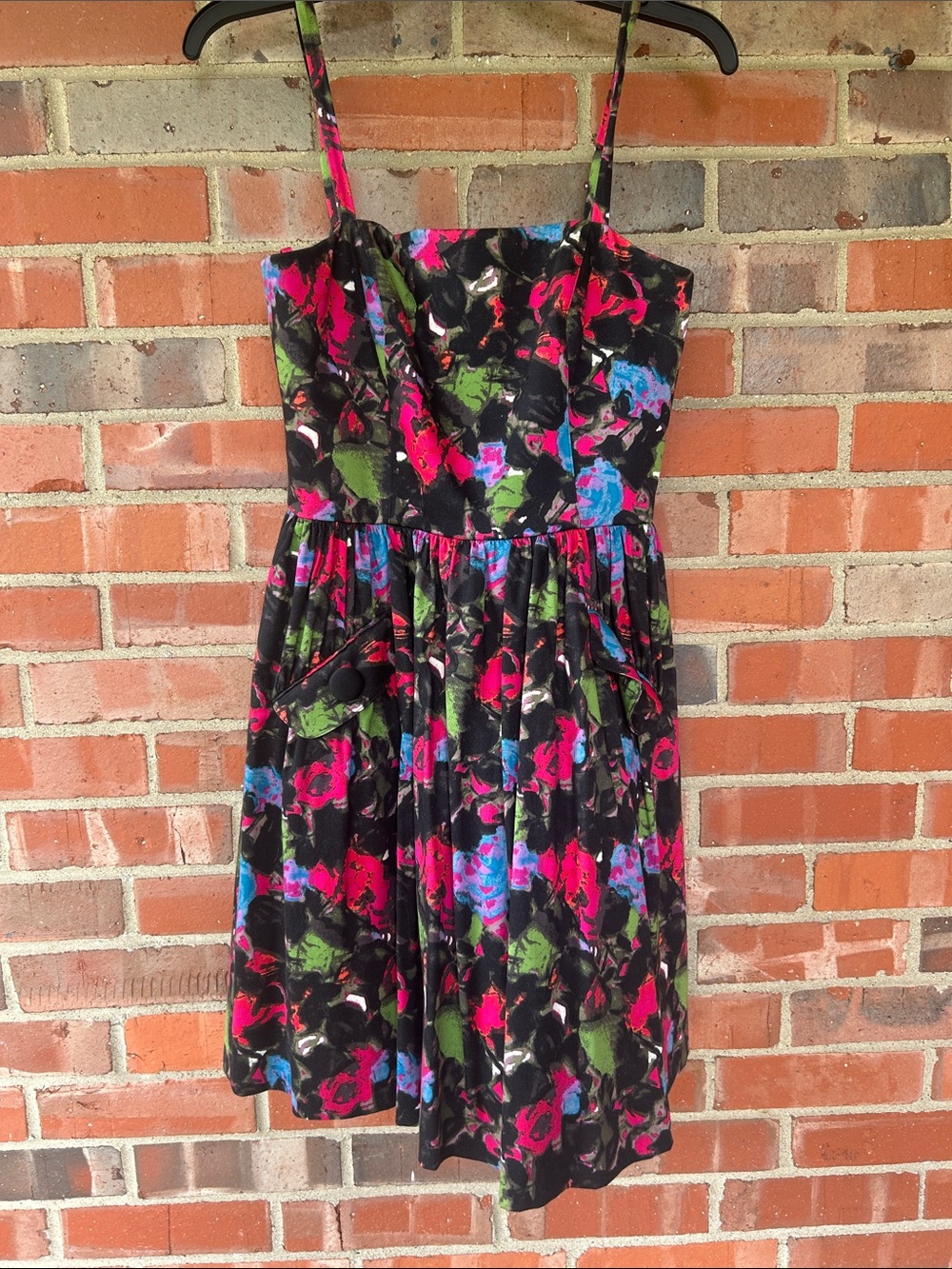 Betsey Johnson Black Midi Dress with Pink, Blue & Green Retro Floral Print